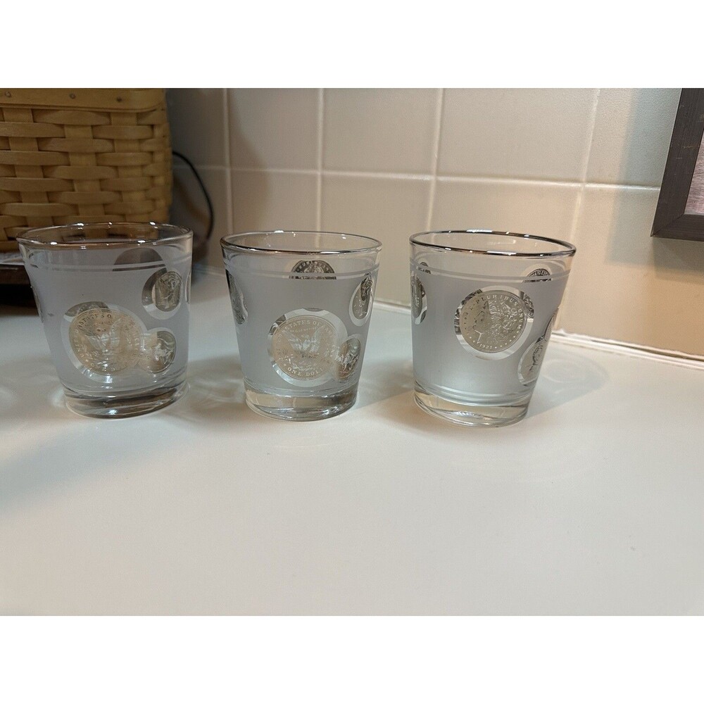 Vintage Libbey Frosted Silver Coin 3 Glasses Rocks